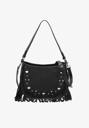 Zwarte handtas van leer met franjes aan de onderkant. Heeft ronde uitsparingen en decoratieve metalen accenten aan de voorkant.