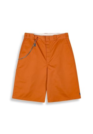 Orange shorts made of lightweight fabric, featuring a chain accent on the left side and a classic cut, with front pockets and belt loops.