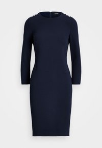 Rochie ajustată bleu marin cu mâneci lungi, decolteu rotund și trei butoane decorative la umăr. Fabricată dintr-un material neted și elastic.