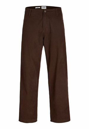 Pantaloni marroni a gamba dritta con passanti per cintura, chiusura con bottone e tasche frontali.