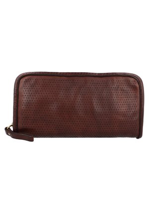 Portafoglio in pelle marrone perforata con chiusura a zip, caratterizzato da una finitura testurizzata e una tracolla staccabile. Forma rettangolare.