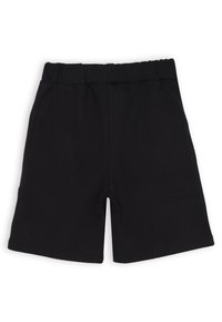 Pantaloni corti neri in cotone morbido con cintura elastica. Presentano gambe a taglio dritto e sono privi di tasche e decorazioni.