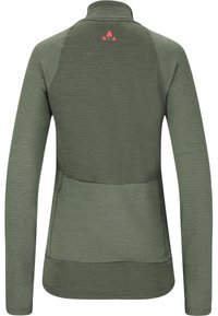 Langärmliges Sportoberteil in Olivgrün. Verfügt über einen hohen Kragen, strukturierten Stoff und ein pinkes Logo im oberen Rückenbereich.