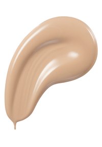 Échantillon de fond de teint liquide, ton beige, surface lisse avec une finition brillante, forme légèrement courbée et une goutte à l'extrémité.