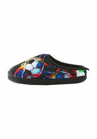 Pantofole nere con tomaia in tessuto morbido, design colorato con pallone da calcio, forma rotonda e suola testurizzata per una maggiore aderenza.