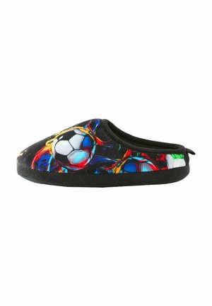 Black slipper featuring a soft fabric upper with a colorful soccer ball design, round shape, and textured sole for grip.