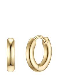 Auksinės lankinės auskarai su lygiu, poliruotu paviršiumi; vienas auskaras yra storas ovalo formos, o kitas - plonesnis apvalus dizainas.