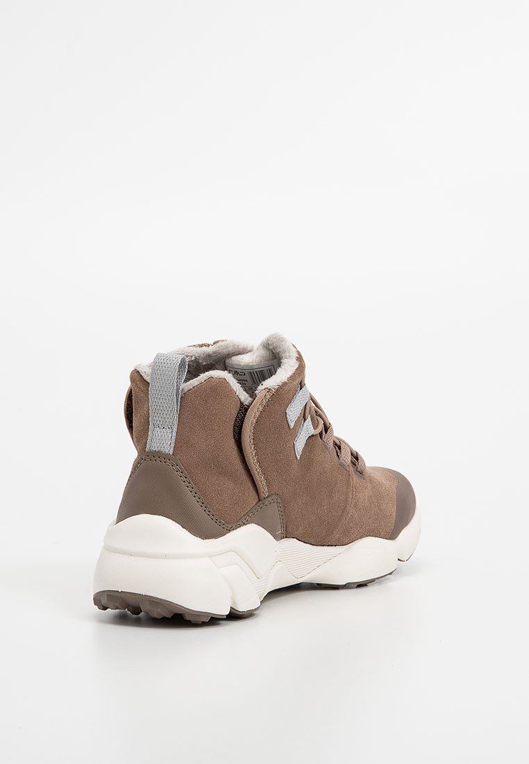 Brązowe zamszowe botki za kostkę z szarymi akcentami, z wyściełanym kołnierzem, systemem sznurowania i białą gumową podeszwą. Płaska tekstura z solidną konstrukcją.