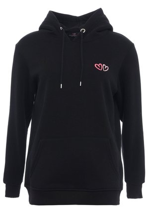 Black hooded sweatshirt with a front pocket, drawstring, and pink heart embroidery on the chest. Made of soft, comfortable fabric.