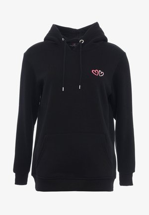 Zwarte hoodie met een voorzak, een trekkoord en een roze hartborduursel op de borst. Gemaakt van zachte, comfortabele stof.
