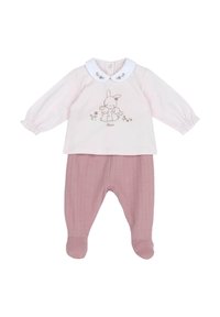 Tenue pour bébé avec un haut blanc à manches longues orné d'une broderie de lapin et un col floral rose, accompagné d'un pantalon rose avec pieds.