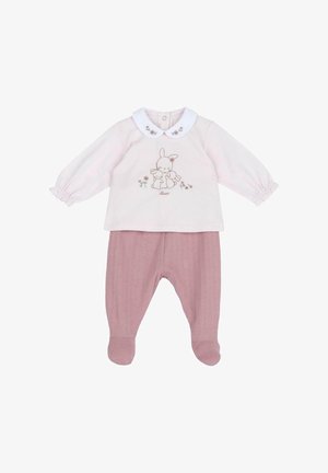 Tenue pour bébé avec un haut blanc à manches longues orné d'une broderie de lapin et un col floral rose, accompagné d'un pantalon rose avec pieds.