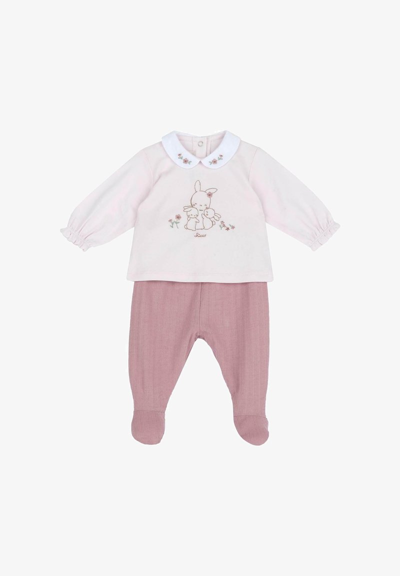 Tenue pour bébé avec un haut blanc à manches longues orné d'une broderie de lapin et un col floral rose, accompagné d'un pantalon rose avec pieds.