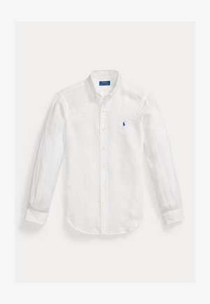 White long-sleeve button-down shirt with a collar and small blue embroidered Polo Ralph Lauren logo on the left chest.