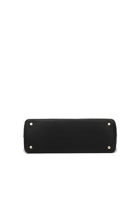 Clutch rectangulaire en cuir noir avec des accents en métal doré aux coins et une finition lisse. Design minimaliste, sans motifs supplémentaires.