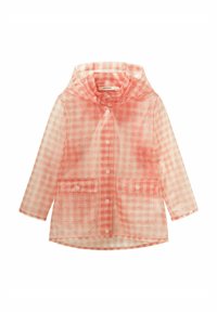 Przezroczysty różowy płaszcz przeciwdeszczowy w kratkę, z kapturem, zatrzaskami i dwiema przednimi kieszeniami. Lekki i wodoodporny design.