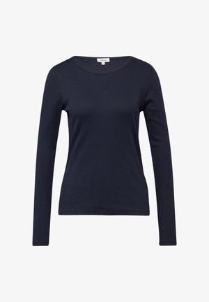 Langärmeliges Damenhemd in Marineblau mit rundem Ausschnitt und kleinem, auf der Brust gesticktem Logo, hergestellt von s.Oliver.