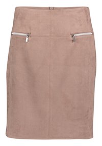 Semišová mini sukně v taupe barvě s vytvarovaným designem. Obsahuje dvě přední kapsy na zip a hladkou texturu, s uzavřením na zip vzadu.