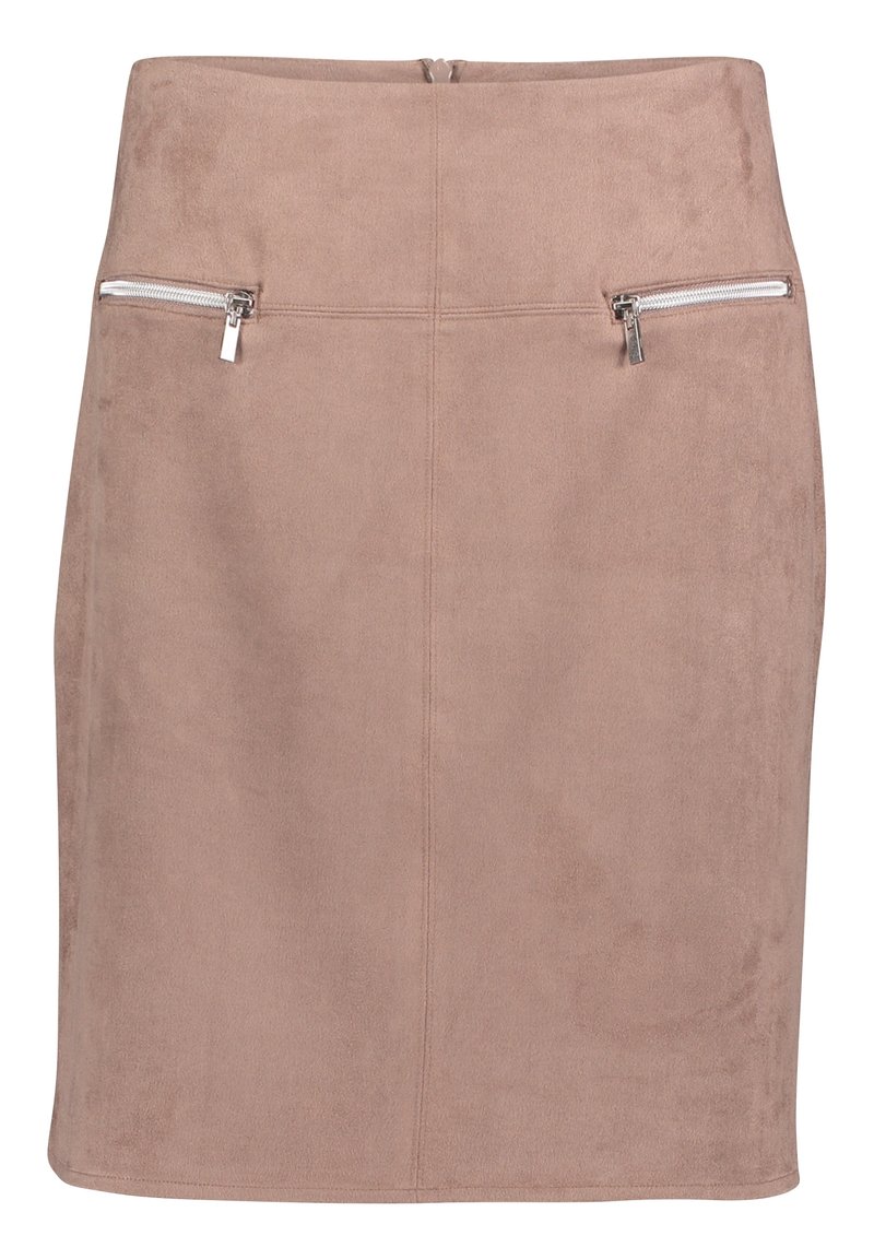 Semišová mini sukně v taupe barvě s vytvarovaným designem. Obsahuje dvě přední kapsy na zip a hladkou texturu, s uzavřením na zip vzadu.