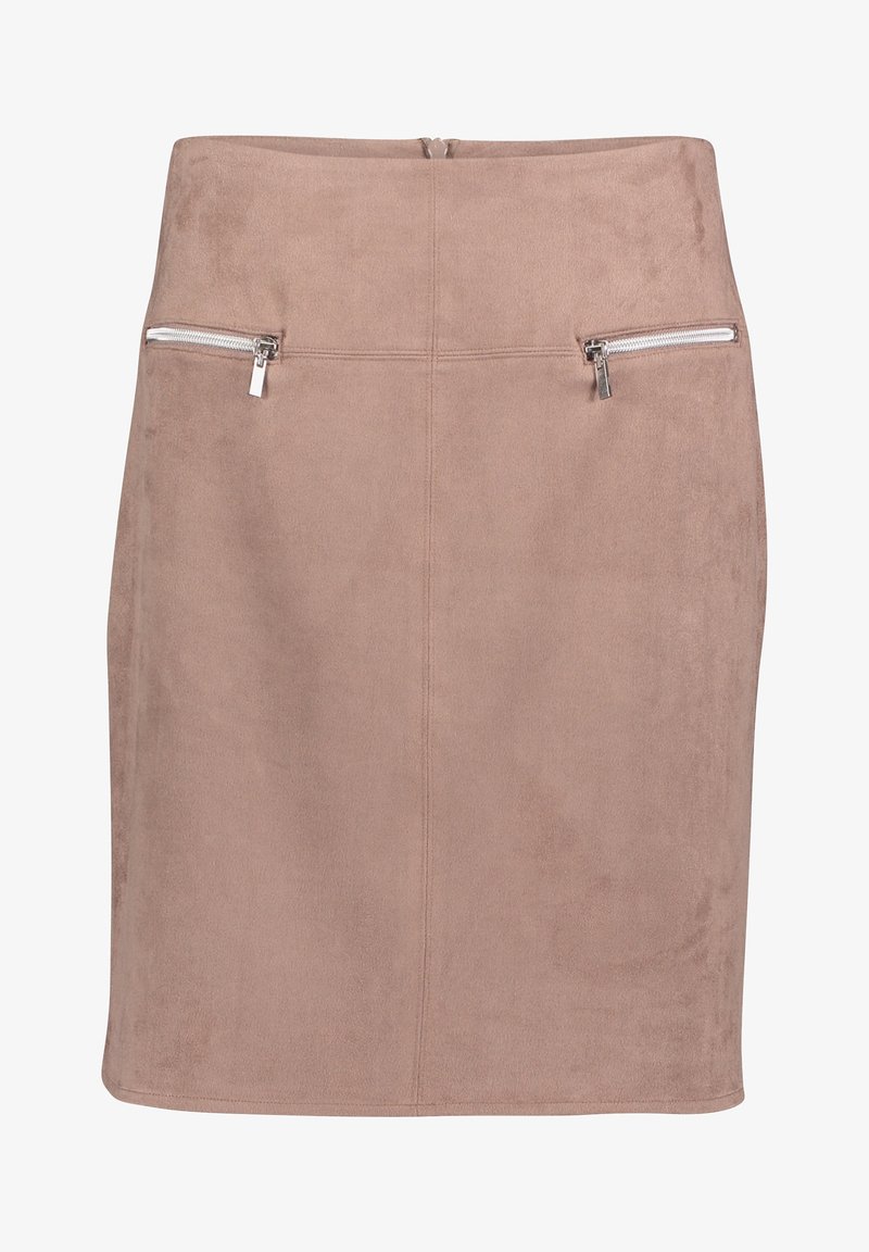 Semišová mini sukně v taupe barvě s vytvarovaným designem. Obsahuje dvě přední kapsy na zip a hladkou texturu, s uzavřením na zip vzadu.