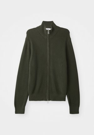 Dark green ribbed knit zip-up cardigan with high collar and long sleeves, laid flat on a white background.