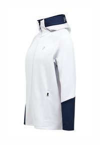 Weiße Kapuzenjacke mit navyblauen Akzenten, gefertigt aus einem glatten Material. Verfügt über einen Frontreißverschluss und Seitentaschen, entworfen für eine taillierte Passform.