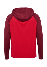 Felpa con cappuccio rossa e bordeaux, a maniche lunghe, con una texture liscia e un design a maniche raglan a contrasto.