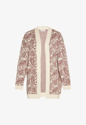 Atvērta priekšpuse ar garām piedurknēm, kardigāns ar krēmkrāsas apdari un brūnu ziedu paisley rakstu uz gaiši bēša fona.