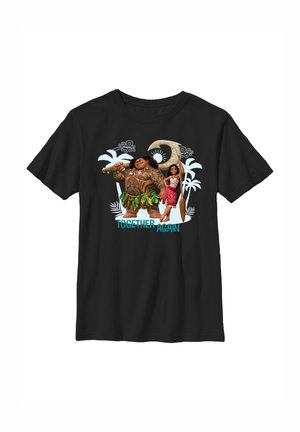Schwarzes Baumwoll-T-Shirt mit Cartoonfiguren und einem Design von Sonne und Palme. Der Text lautet "WIEDER GEMEINSAM" in blauer Schrift.