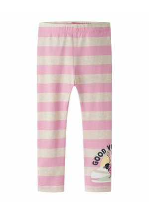Pink and beige horizontal striped leggings with a cartoon pig and the text "GOOD VIBES" near the bottom of one leg.