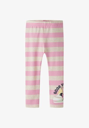 Różowo-beżowe legginsy w poziome paski z kreskówkową świnką i napisem „GOOD VIBES” blisko dołu jednej nogawki.