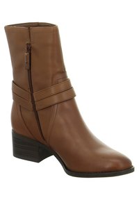 Bruine leren enkelboot met een gladde afwerking, zijrits, gevoerde schacht en een lage stapel hak. Heeft twee horizontale banden rond de enkel.