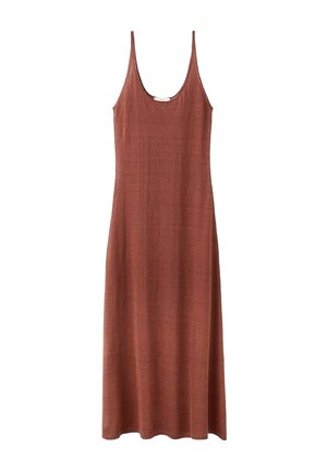 Maxikleid in Rostfarbe, ärmellos, mit dünnen Trägern und einem Rundhalsausschnitt, gefertigt aus leichtem, strukturiertem Stoff.