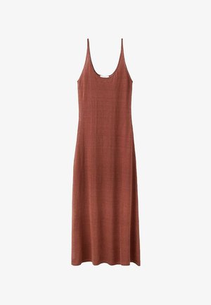 Abito lungo senza maniche color ruggine con spalline sottili e scollo a U, realizzato in tessuto leggero e strutturato.
