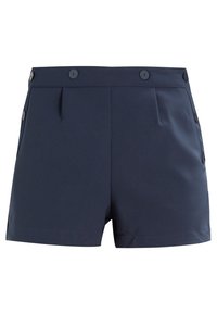 Námořnické modré šortky na míru s vysokým pasem, bočními knoflíkovými detaily a předními záhyby.