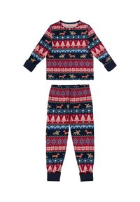 Conjunto de pijama rojo y azul marino con mangas largas y pantalones, que presenta patrones geométricos, árboles y perros. Hecho de una tela suave y elástica.