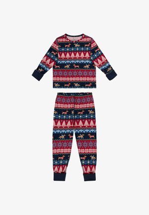 Set di pigiama rosso e blu navy con maniche lunghe e pantaloni, caratterizzato da motivi geometrici, alberi e cani. Realizzato in un morbido tessuto elasticizzato.