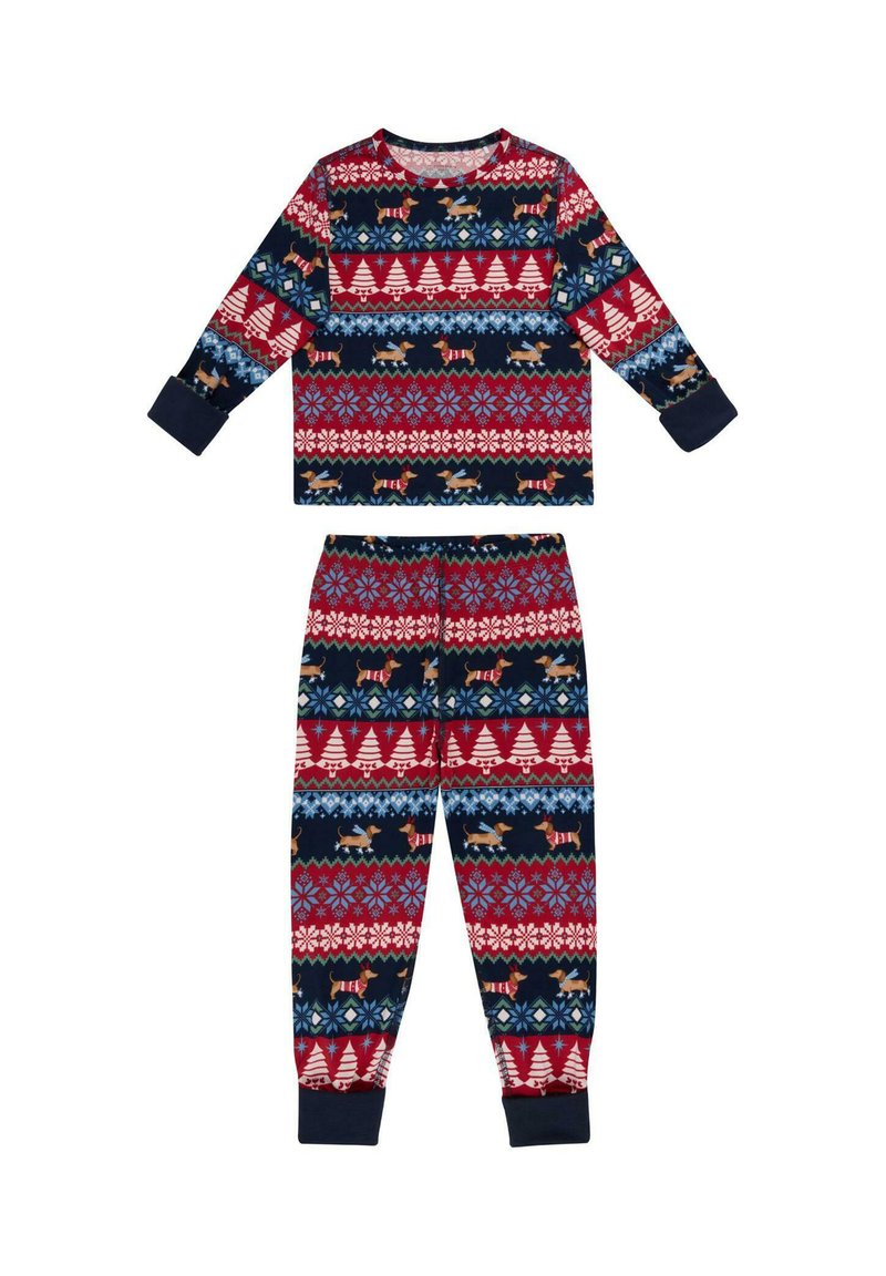 Conjunto de pijama rojo y azul marino con mangas largas y pantalones, que presenta patrones geométricos, árboles y perros. Hecho de una tela suave y elástica.