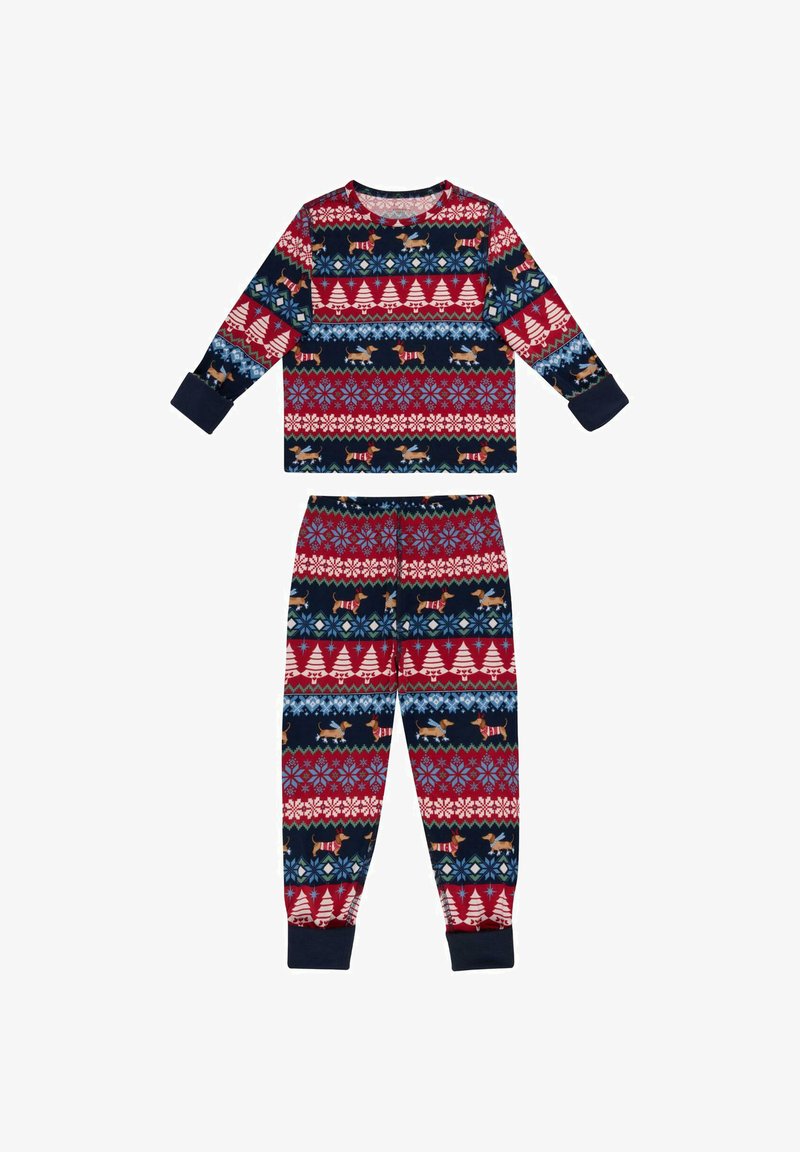 Red and navy pajama set with long sleeves and pants, featuring geometric patterns, trees, and dogs. Made of soft, stretchable fabric.