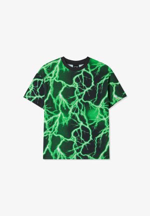 Maglietta nera a maniche corte con motivo a fulmini verdi, realizzata in morbido cotone, con scollo rotondo e linea morbida.