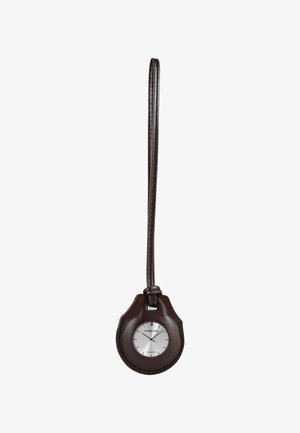 Braune Leder-Taschenuhr mit einem runden Gehäuse, silbernem Ziffernblatt und minimalistischen schwarzen Markierungen. Angehängtes Lederband zum Aufhängen.