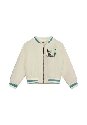 Weißes Bomberjacke mit Reißverschluss, gerippten Bündchen und Saum, mit bunter Palmbaum-Stickerei auf der Brusttasche. Strukturierter Stoff.