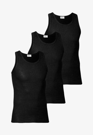 Tre sorte tanktoppe lavet af blødt stof, der har et klassisk ærmeløst design med rundede halsudskæringer og en glat tekstur.