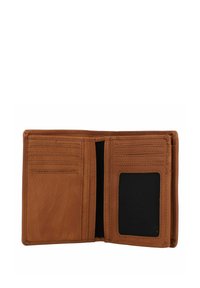Portafoglio in pelle marrone con una texture liscia, dotato di più scomparti per carte, una finestra per ID in rete e un semplice design a due pieghe.