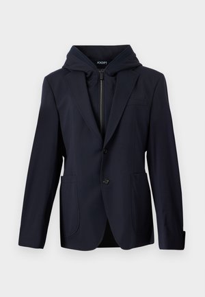 Marineblauer Blazer mit zwei Knöpfen, aufgesetzten Taschen, Revers mit Kerbung und einer angenähten Kapuze mit Reißverschluss für einen Lagen-Look.