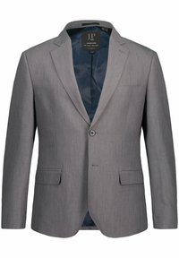Blazer grigio realizzato in tessuto testurizzato, con chiusura a un bottone, rever a punta e foderato in blu a pois. Tasca singola sul petto.