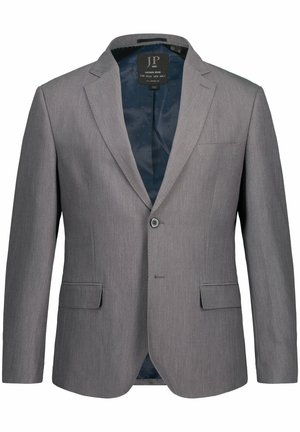 Gray blazer made of textured fabric, featuring a single-button closure, notch lapels, and a blue polka-dotted lining. Single chest pocket.