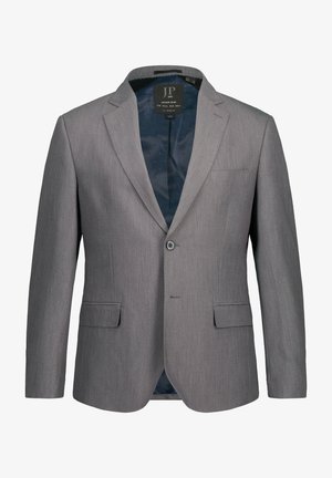Grijze blazer van gestructureerde stof, met een enkele knoopsluiting, notch revers en een blauw stippenvoering. Enkele borstzak.