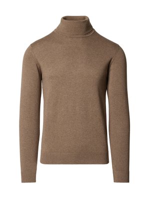 Brązowy, dziergany sweter z golfem. Dopasowany krój z długimi rękawami. Żebrowany dół i mankiety, miękka tekstura, brak widocznych wzorów czy elementów metalowych.