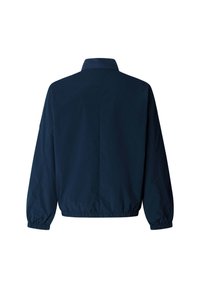 Veste légère bleu marine avec poignets et ourlet élastiques, vue de dos avec un col montant et sans logos ni motifs visibles.